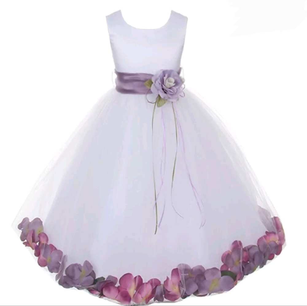 Kids Dream White Satin Lavender Petal Dress